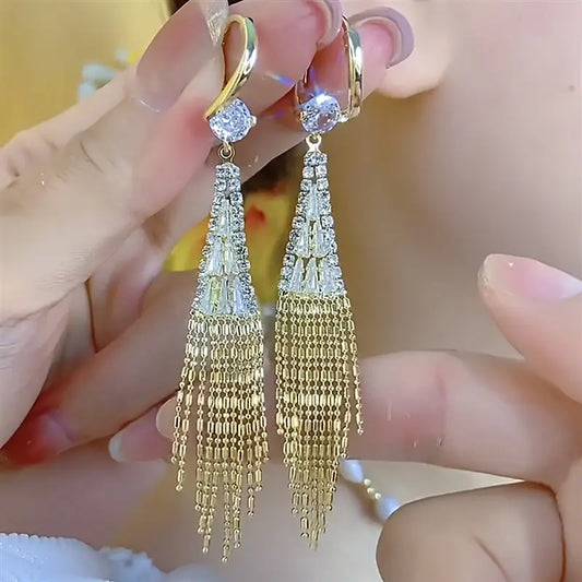 Elegant Golden-Tone Tassel Drop Earrings with Sparkling Cubic Zirconia – Perfect for Parties, Dates & Everyday Glamour